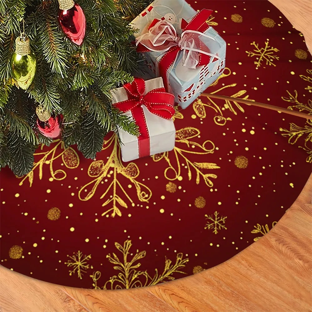 Christmas Tree Skirt Red Golden Snowflake Print for Holiday Home Indoor Party New Year Festive Ornament Decoration Supplies