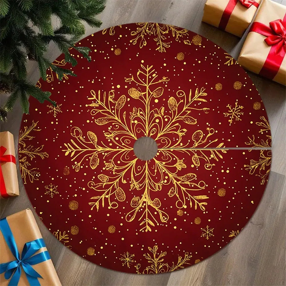 Christmas Tree Skirt Red Golden Snowflake Print for Holiday Home Indoor Party New Year Festive Ornament Decoration Supplies
