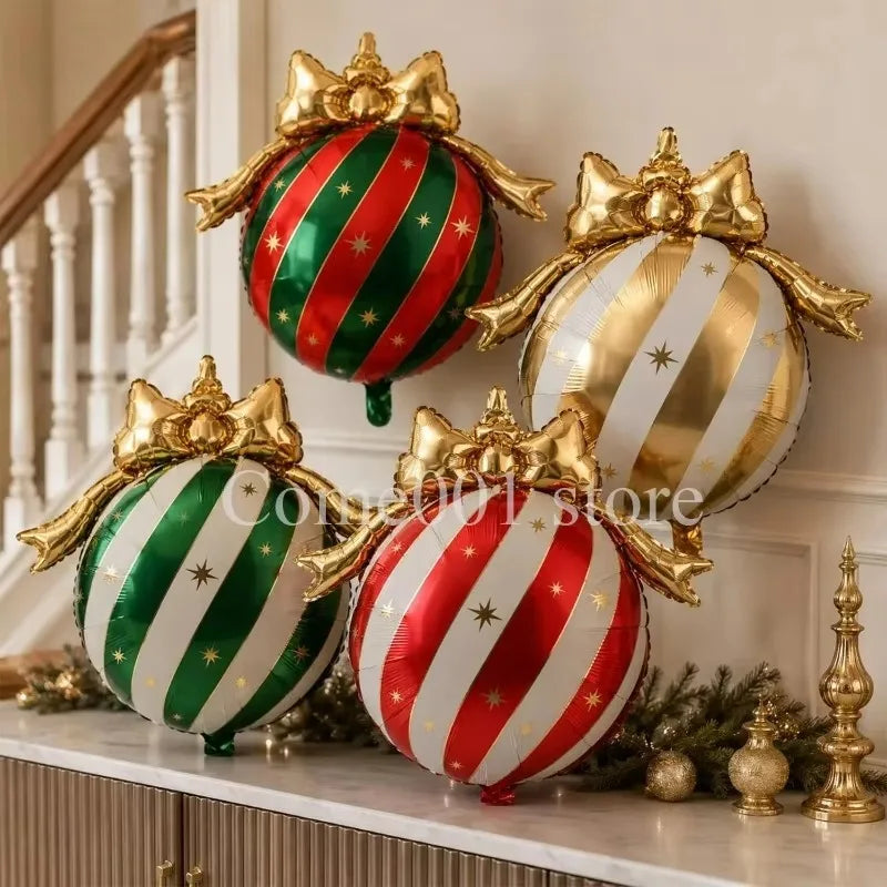 Christmas Ornament Ball Foil Balloon Striped Star Balloons Golden Bow Xmas Tree Hanging Decor Merry Christmas Ballons