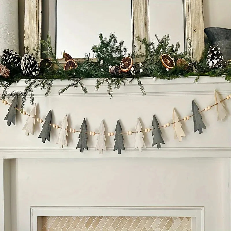 Christmas Wooden Wreath with Trees and Beads for Winter Holiday Fireplace Decoration