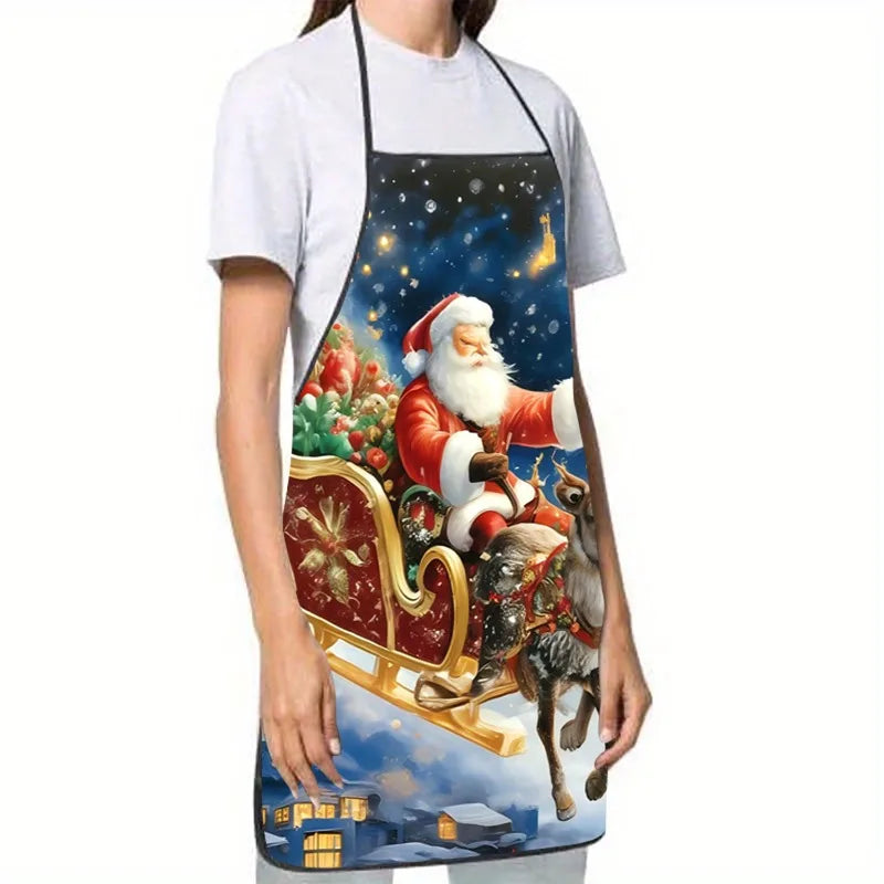 Christmas‑Themed Printed Neck‑Hanging Apron, Stain‑Resistant Kitchen Apron for Christmas Party, Family Dinner, Baking & Cooking