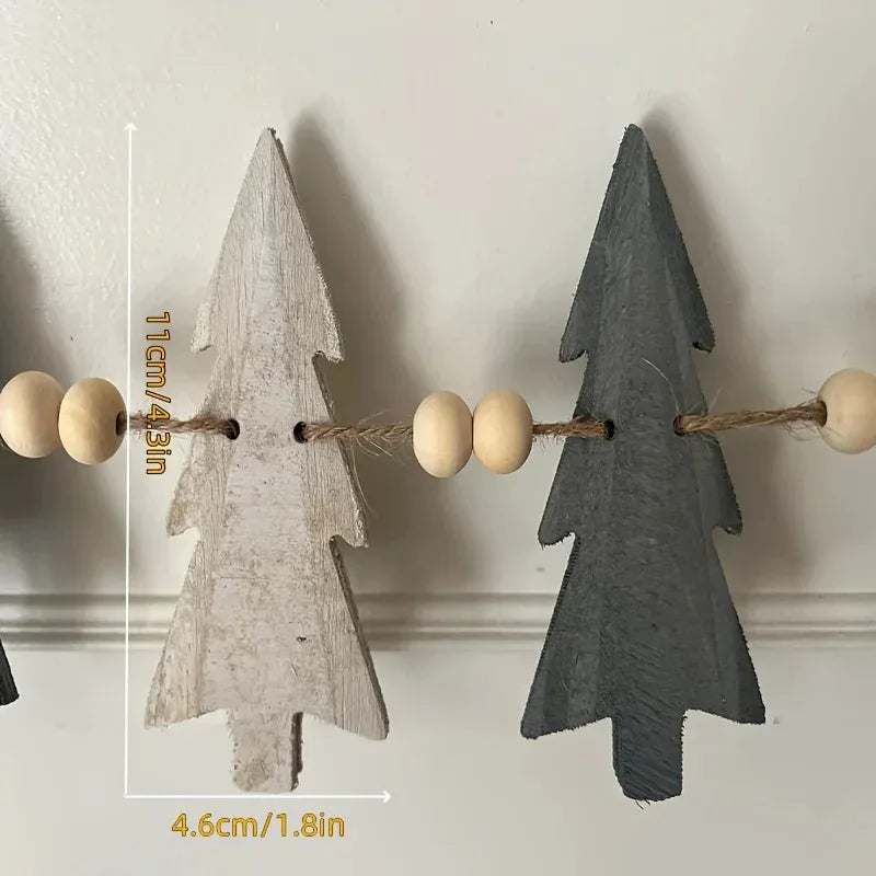 Christmas Wooden Wreath with Trees and Beads for Winter Holiday Fireplace Decoration