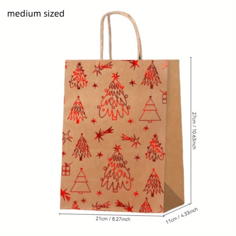 Christmas Gift Bags With Handles, 4 Designs Xmas Kraft Paper Bags for Christmas Goody Bag, Party Favors