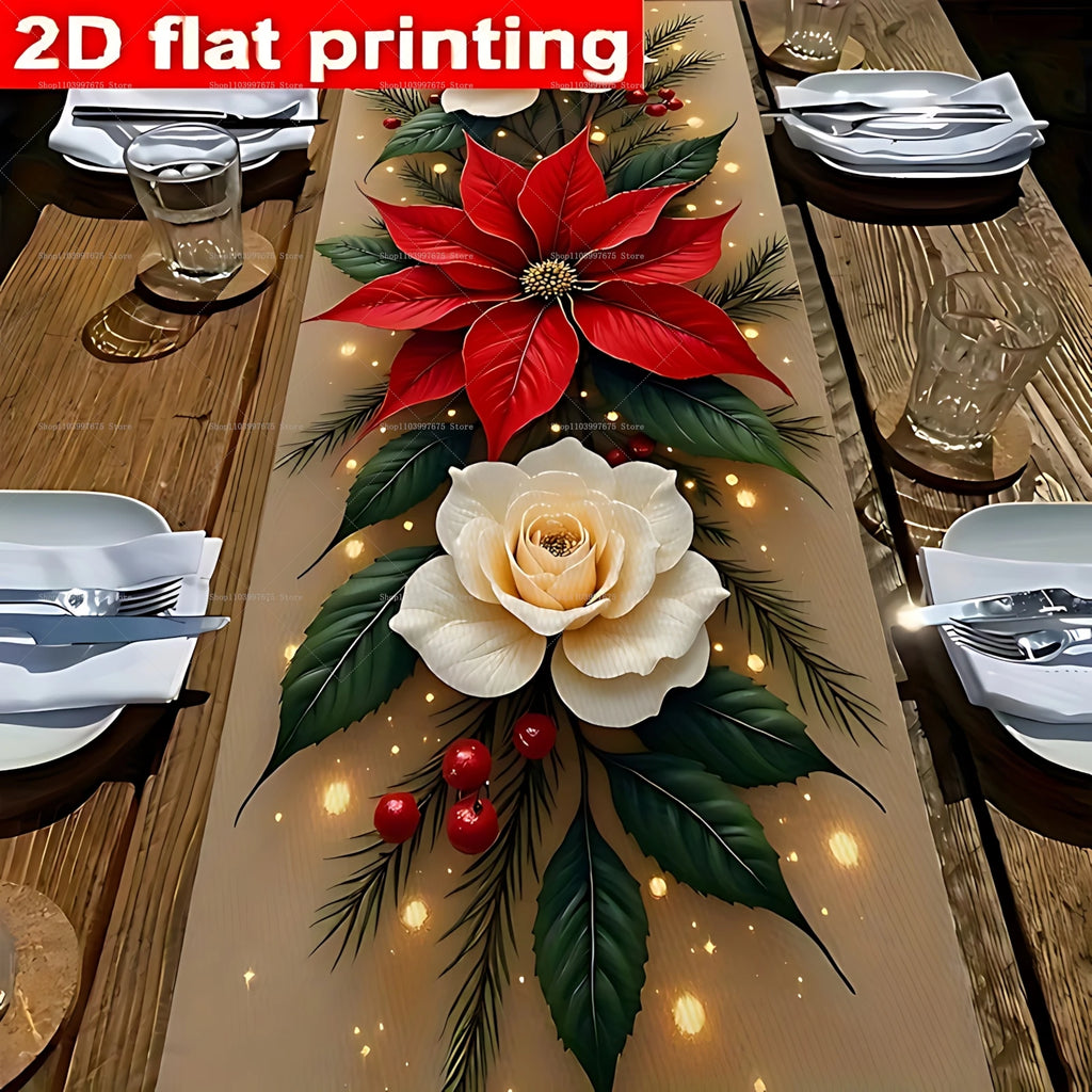 Christmas Decorations Table Runner Poinsettia and Pine Needles Print Polyester Tablecloth Winter Xmas Party Dining Table Decor