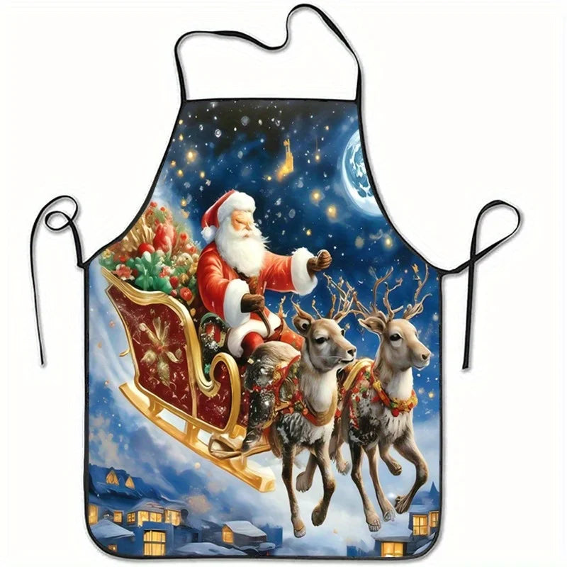 Christmas‑Themed Printed Neck‑Hanging Apron, Stain‑Resistant Kitchen Apron for Christmas Party, Family Dinner, Baking & Cooking