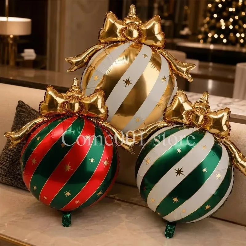 Christmas Ornament Ball Foil Balloon Striped Star Balloons Golden Bow Xmas Tree Hanging Decor Merry Christmas Ballons