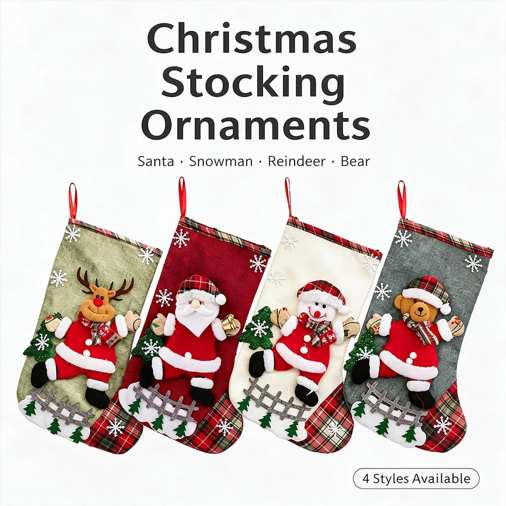 Christmas Stocking with Santa Snowman Reindeer Hanging Decorations Personalized Gift Bag Holiday Home Christmas Party Decor