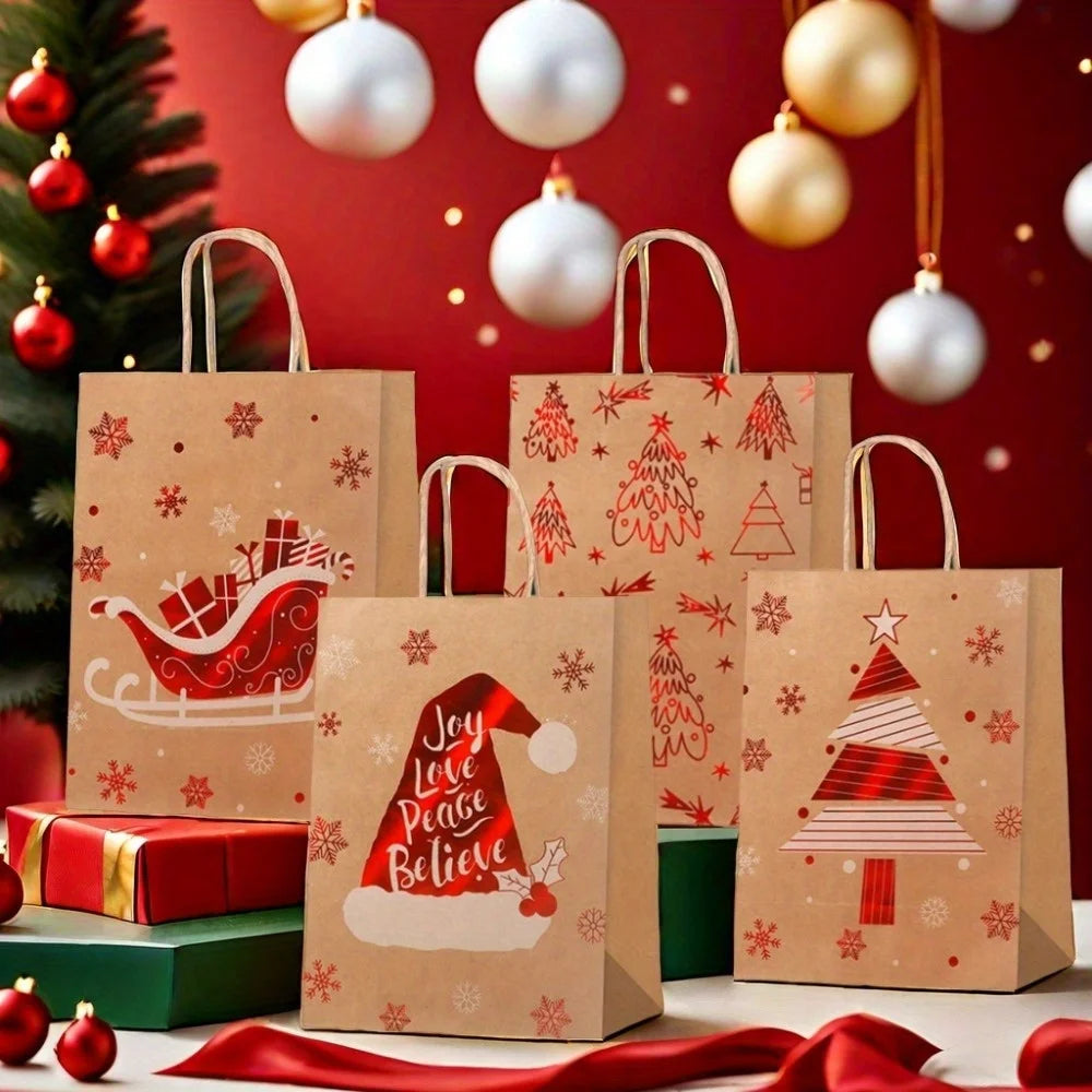 Christmas Gift Bags With Handles, 4 Designs Xmas Kraft Paper Bags for Christmas Goody Bag, Party Favors