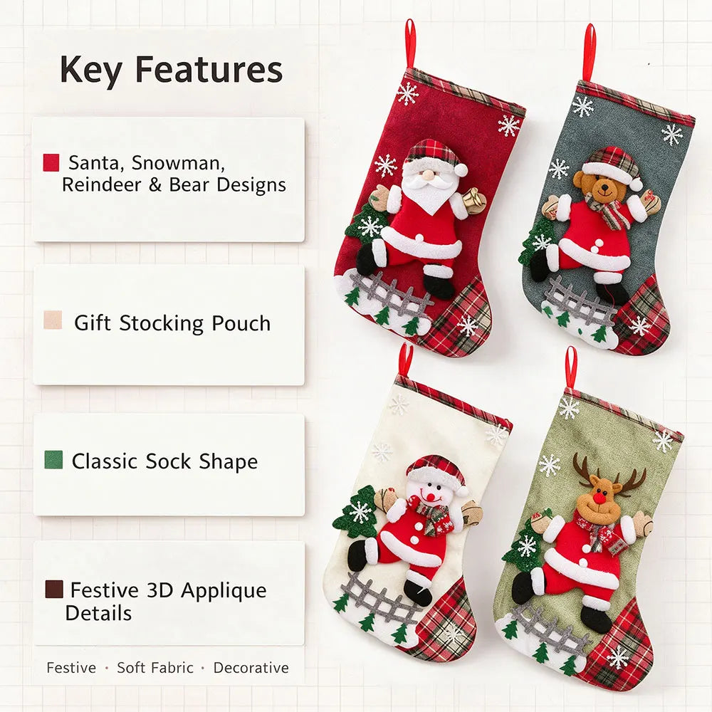 Christmas Stocking with Santa Snowman Reindeer Hanging Decorations Personalized Gift Bag Holiday Home Christmas Party Decor