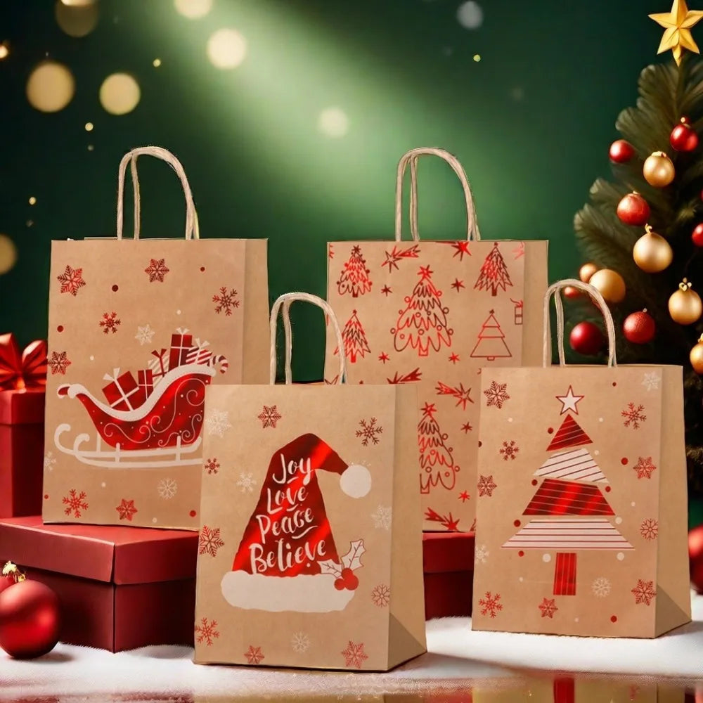 Christmas Gift Bags With Handles, 4 Designs Xmas Kraft Paper Bags for Christmas Goody Bag, Party Favors
