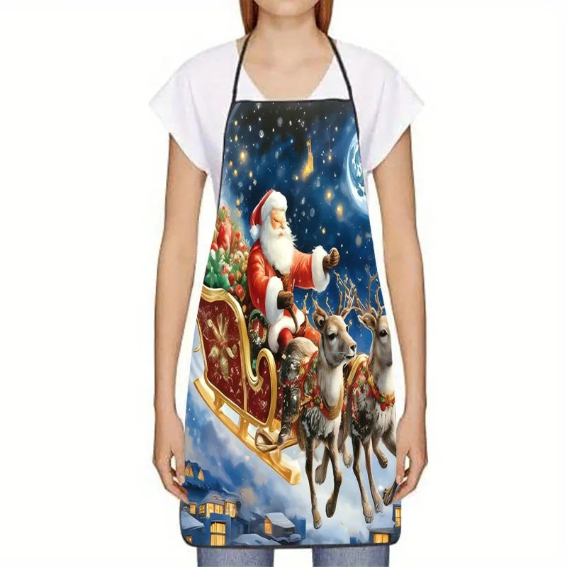 Christmas‑Themed Printed Neck‑Hanging Apron, Stain‑Resistant Kitchen Apron for Christmas Party, Family Dinner, Baking & Cooking