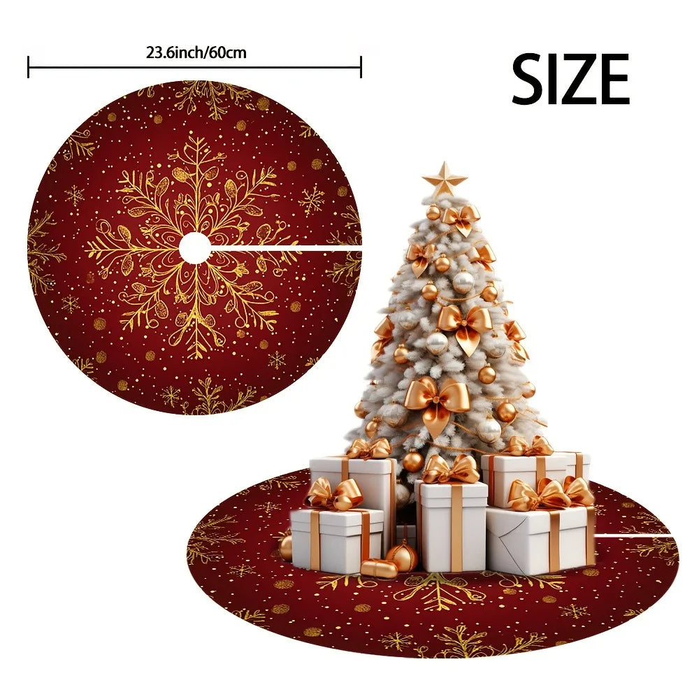 Christmas Tree Skirt Red Golden Snowflake Print for Holiday Home Indoor Party New Year Festive Ornament Decoration Supplies