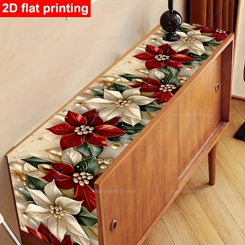 Christmas Decorations Table Runner Poinsettia and Pine Needles Print Polyester Tablecloth Winter Xmas Party Dining Table Decor