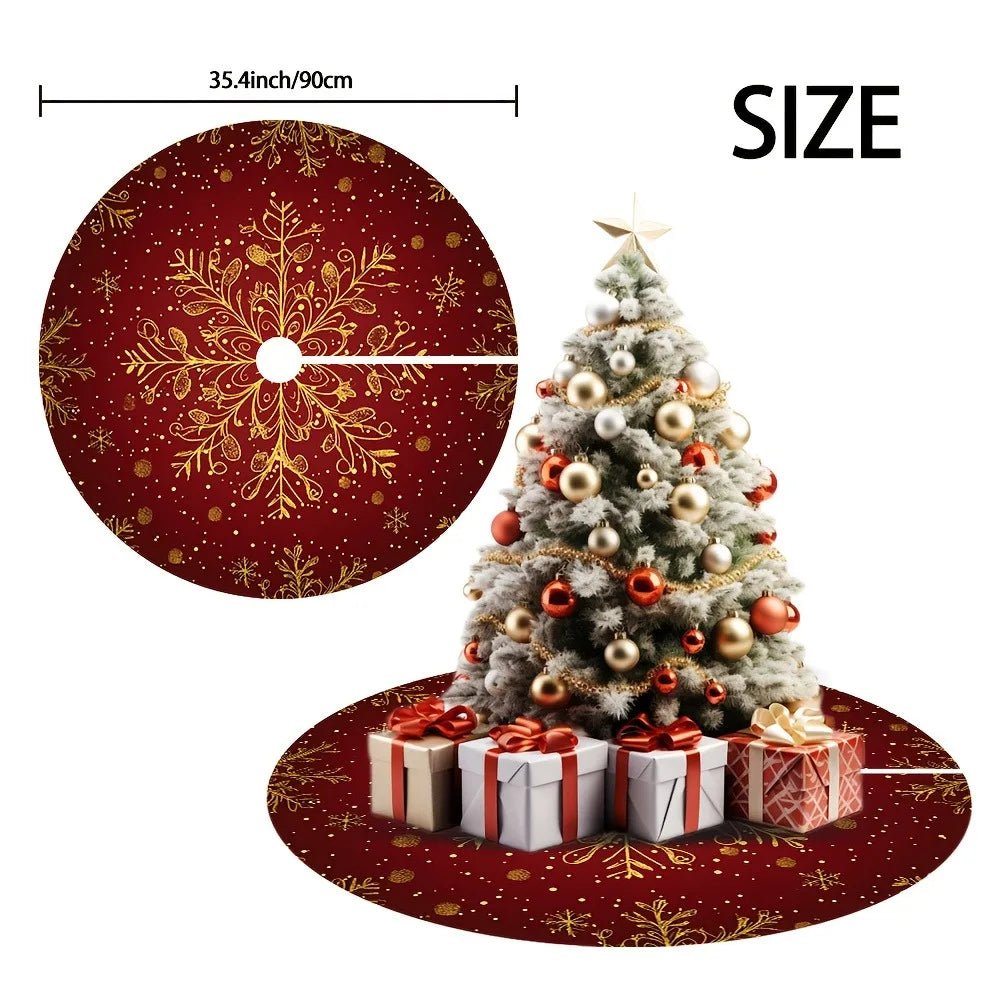 Christmas Tree Skirt Red Golden Snowflake Print for Holiday Home Indoor Party New Year Festive Ornament Decoration Supplies