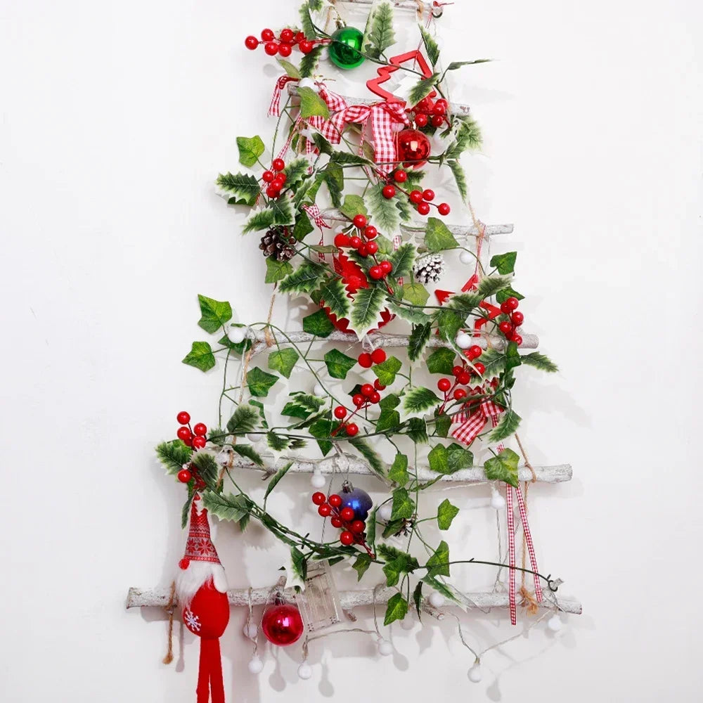 Christmas Wreath with Red Berries Green Leaf Hanging Garland Vine Artificial Flower Leaves String for Xmas New year Decoration