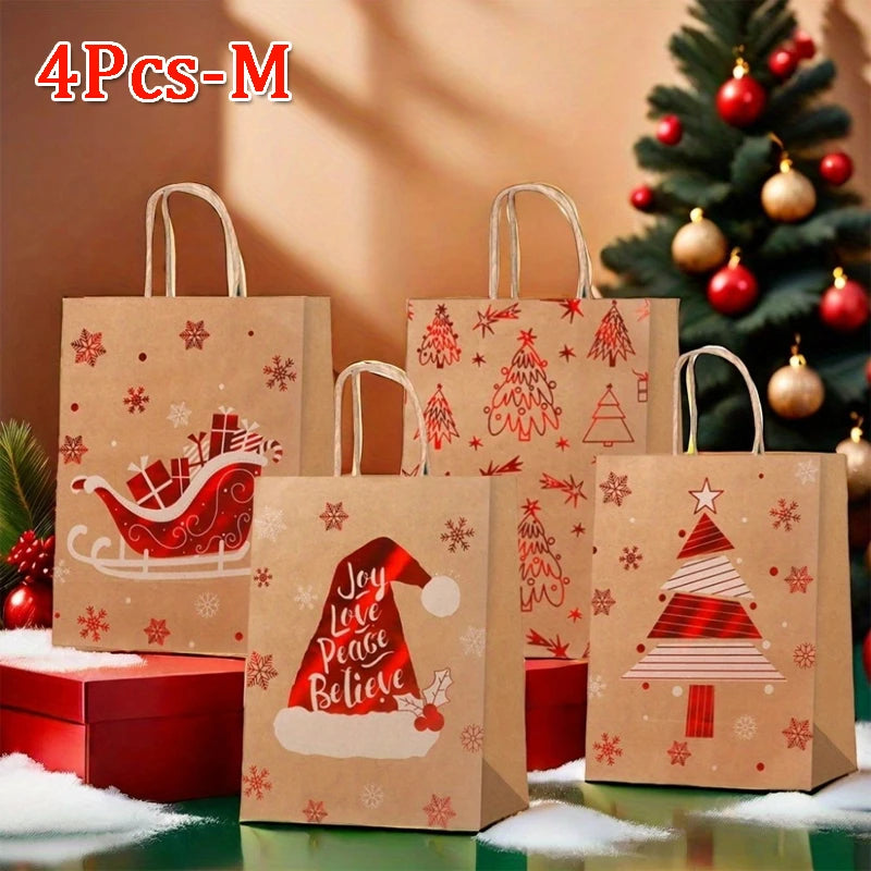 Christmas Gift Bags With Handles, 4 Designs Xmas Kraft Paper Bags for Christmas Goody Bag, Party Favors
