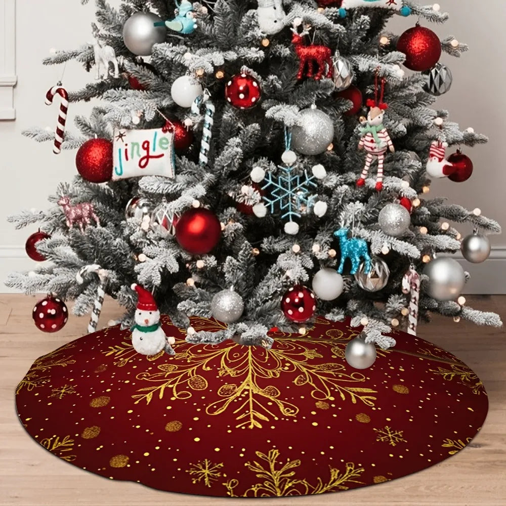 Christmas Tree Skirt Red Golden Snowflake Print for Holiday Home Indoor Party New Year Festive Ornament Decoration Supplies