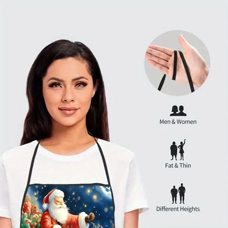 Christmas‑Themed Printed Neck‑Hanging Apron, Stain‑Resistant Kitchen Apron for Christmas Party, Family Dinner, Baking & Cooking