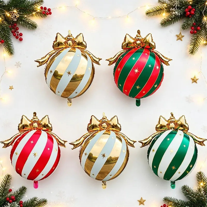 Christmas Ornament Ball Foil Balloon Striped Star Balloons Golden Bow Xmas Tree Hanging Decor Merry Christmas Ballons