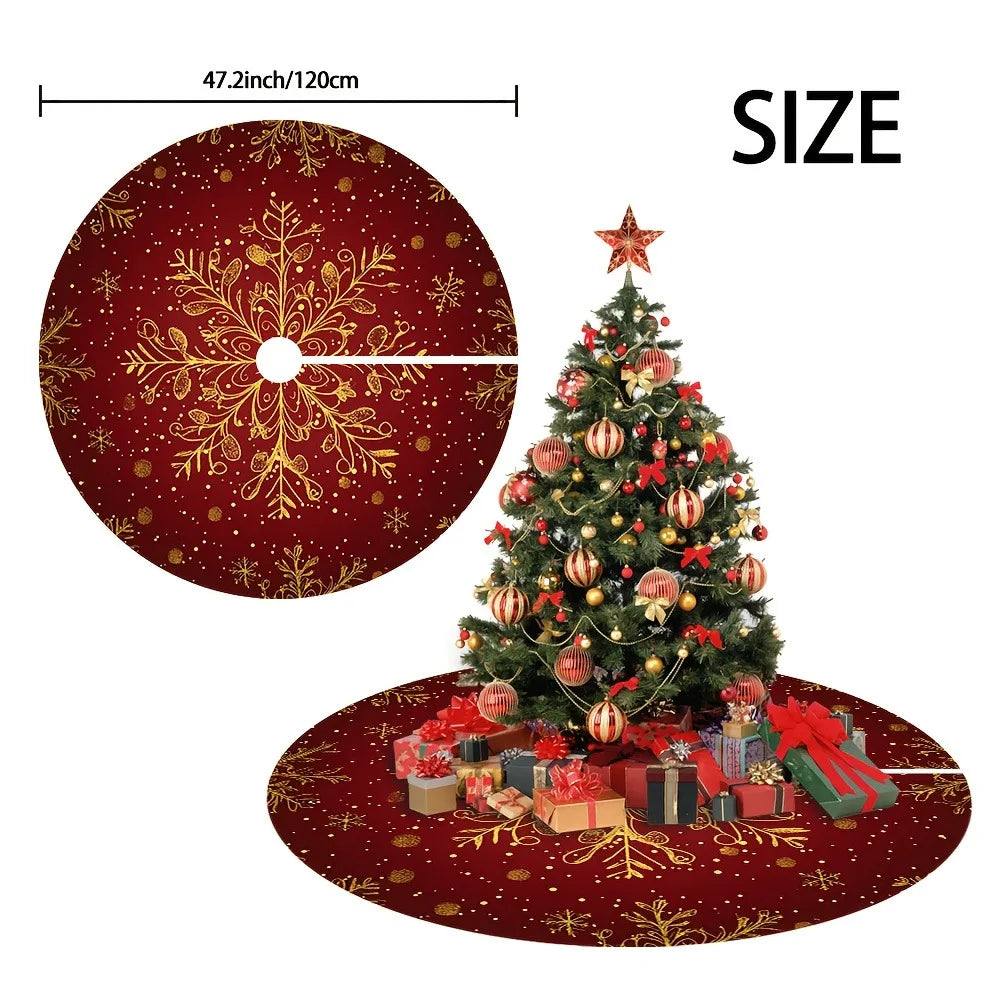 Christmas Tree Skirt Red Golden Snowflake Print for Holiday Home Indoor Party New Year Festive Ornament Decoration Supplies