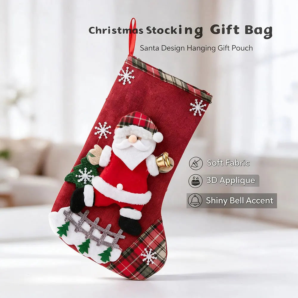 Christmas Stocking with Santa Snowman Reindeer Hanging Decorations Personalized Gift Bag Holiday Home Christmas Party Decor