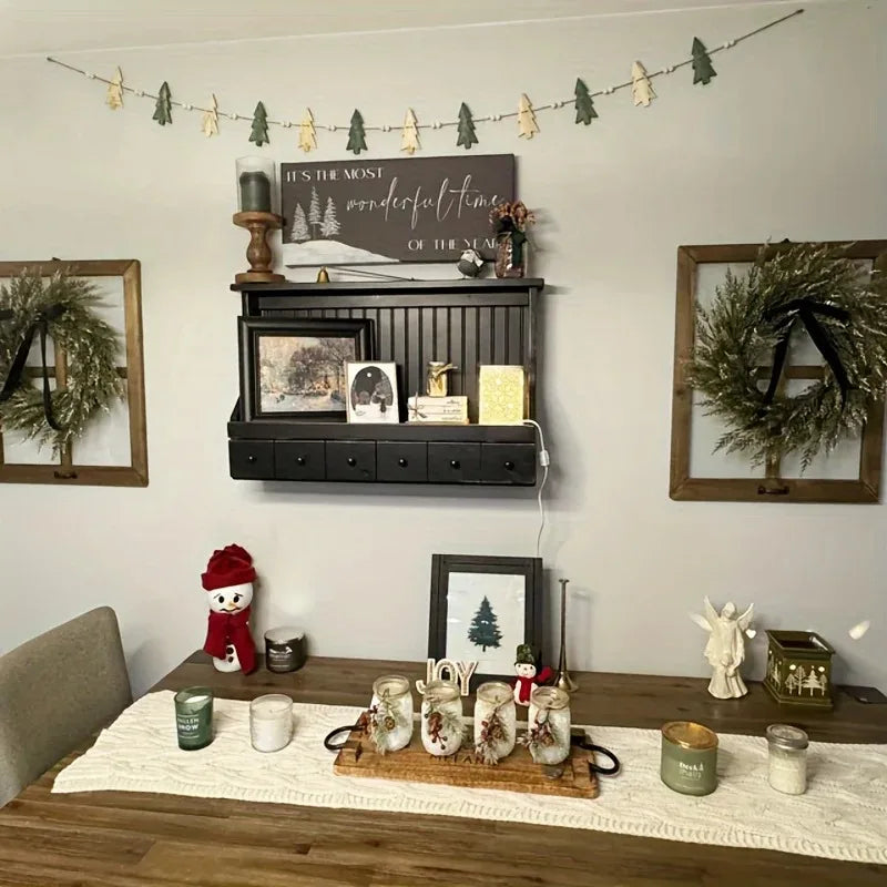 Christmas Wooden Wreath with Trees and Beads for Winter Holiday Fireplace Decoration