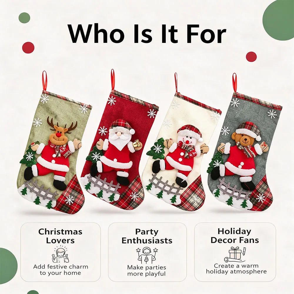Christmas Stocking with Santa Snowman Reindeer Hanging Decorations Personalized Gift Bag Holiday Home Christmas Party Decor