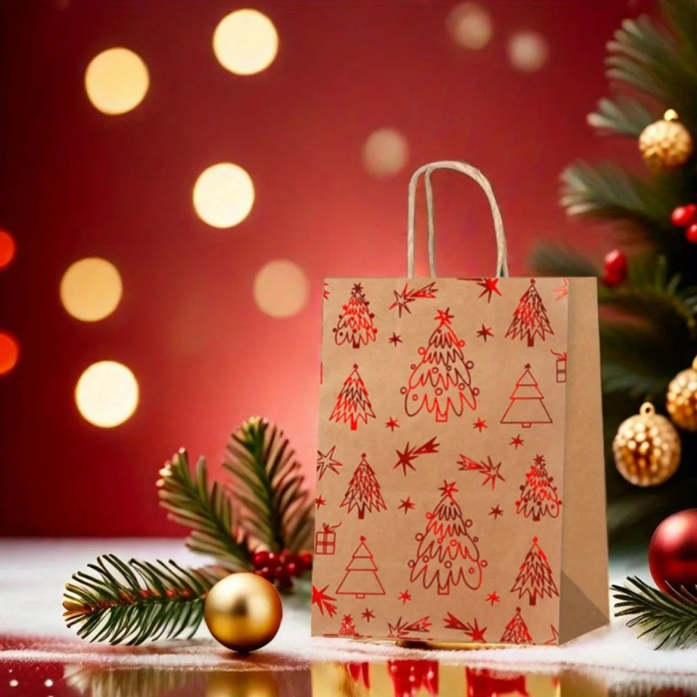 Christmas Gift Bags With Handles, 4 Designs Xmas Kraft Paper Bags for Christmas Goody Bag, Party Favors