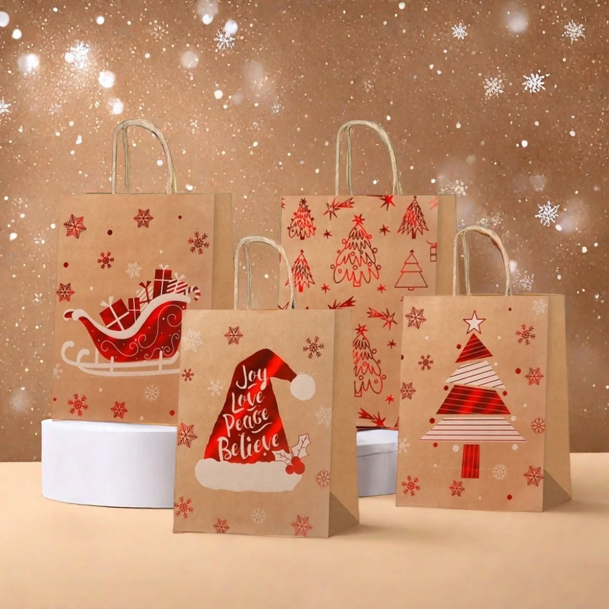 Christmas Gift Bags With Handles, 4 Designs Xmas Kraft Paper Bags for Christmas Goody Bag, Party Favors