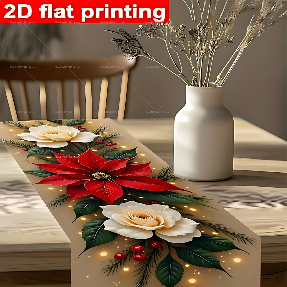 Christmas Decorations Table Runner Poinsettia and Pine Needles Print Polyester Tablecloth Winter Xmas Party Dining Table Decor