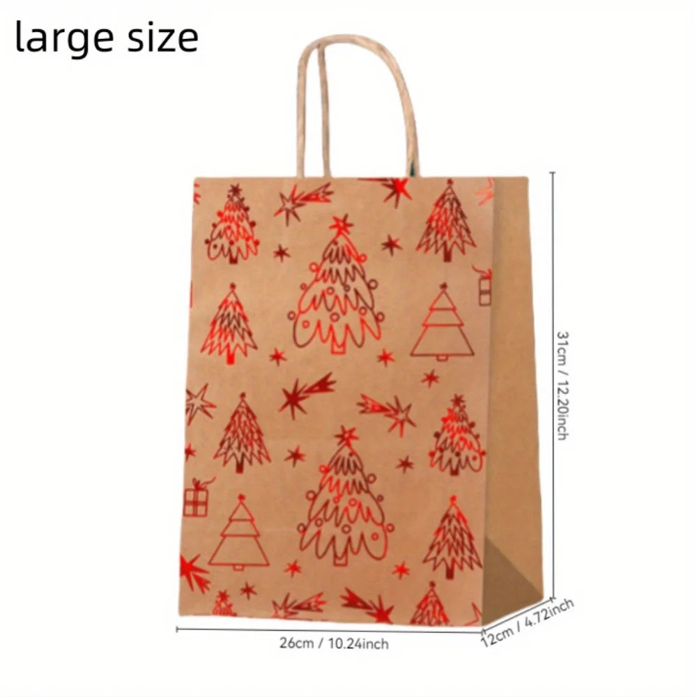 Christmas Gift Bags With Handles, 4 Designs Xmas Kraft Paper Bags for Christmas Goody Bag, Party Favors