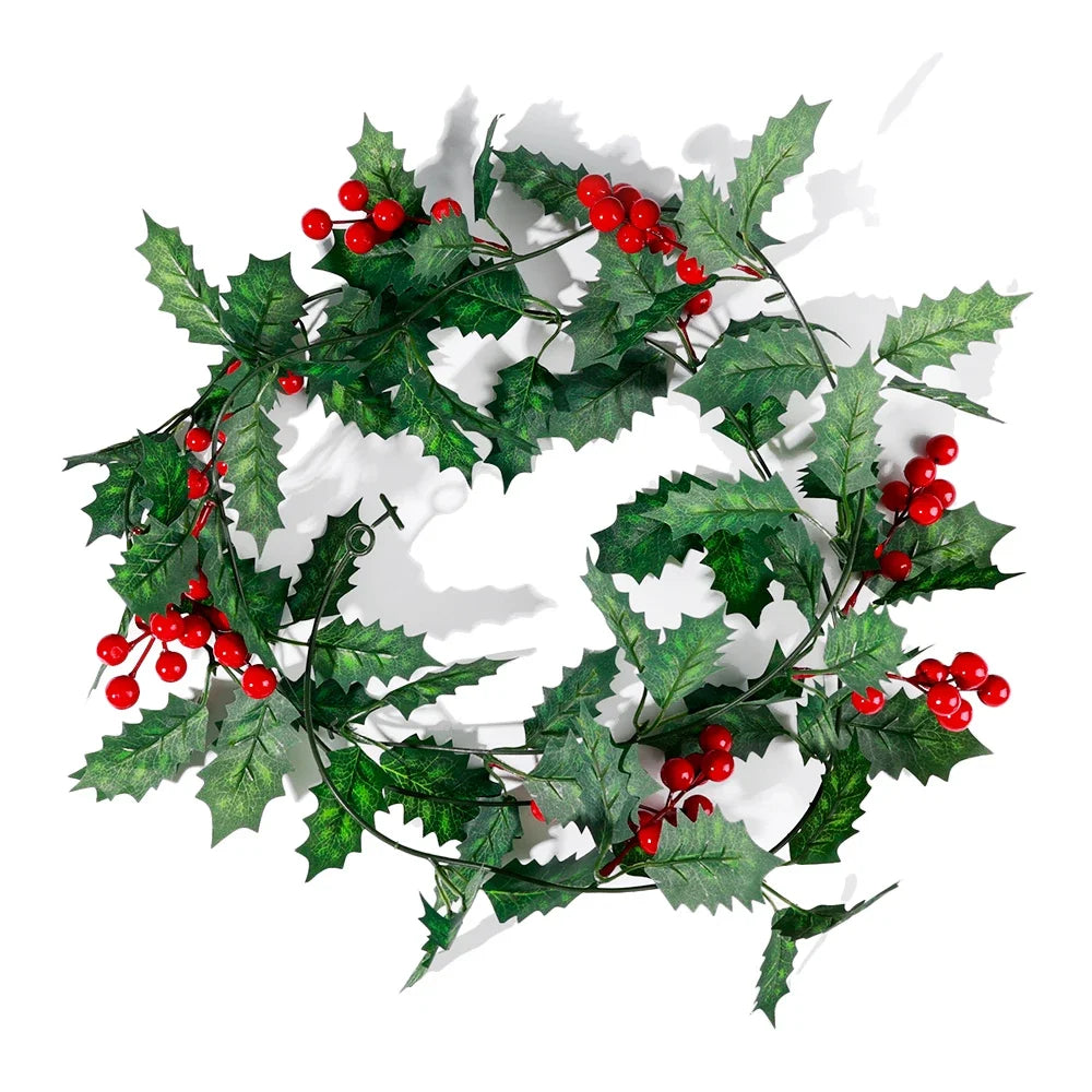 Christmas Wreath with Red Berries Green Leaf Hanging Garland Vine Artificial Flower Leaves String for Xmas New year Decoration