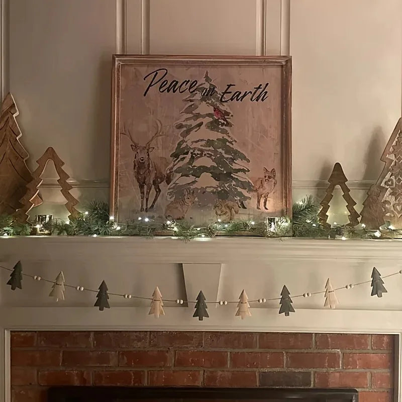 Christmas Wooden Wreath with Trees and Beads for Winter Holiday Fireplace Decoration