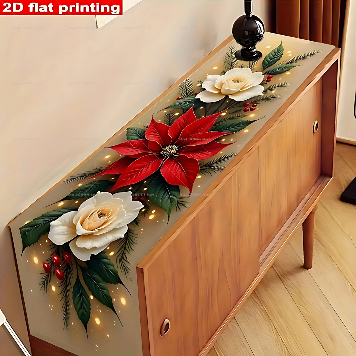 Christmas Decorations Table Runner Poinsettia and Pine Needles Print Polyester Tablecloth Winter Xmas Party Dining Table Decor
