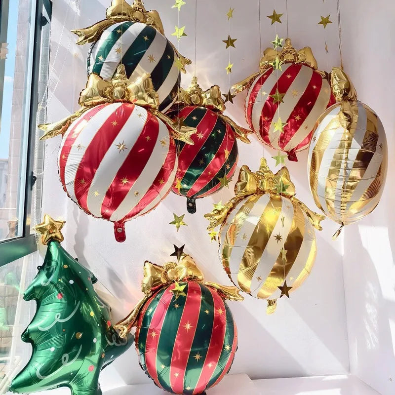 Christmas Ornament Ball Foil Balloon Striped Star Balloons Golden Bow Xmas Tree Hanging Decor Merry Christmas Ballons