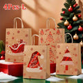Christmas Gift Bags With Handles, 4 Designs Xmas Kraft Paper Bags for Christmas Goody Bag, Party Favors