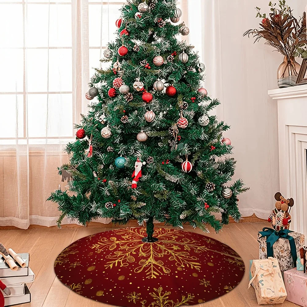 Christmas Tree Skirt Red Golden Snowflake Print for Holiday Home Indoor Party New Year Festive Ornament Decoration Supplies
