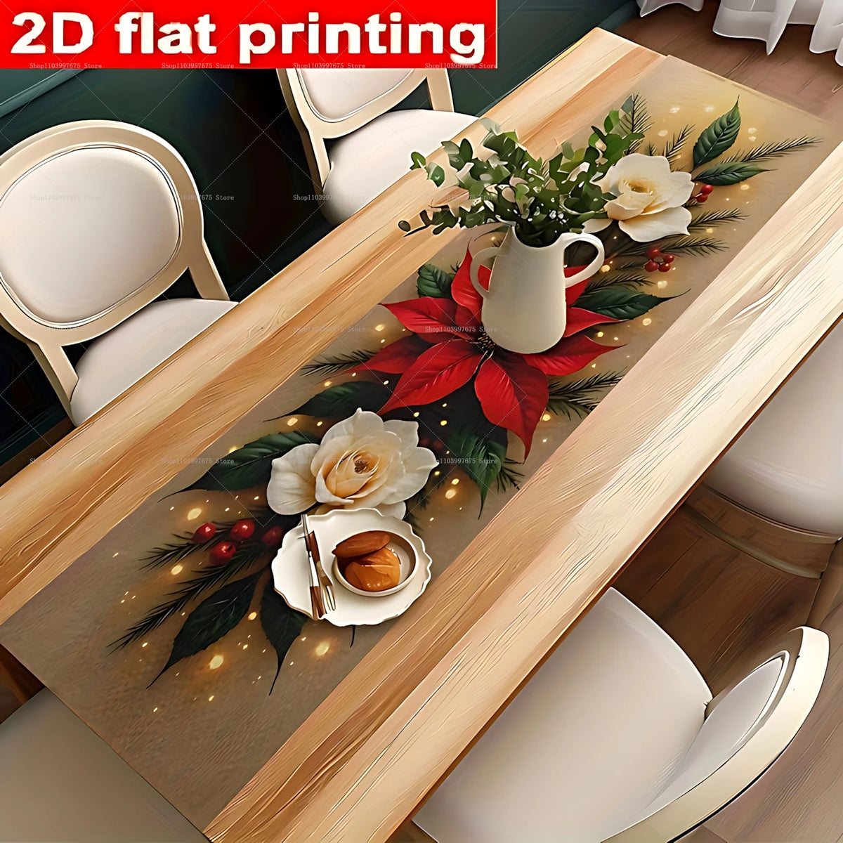 Christmas Decorations Table Runner Poinsettia and Pine Needles Print Polyester Tablecloth Winter Xmas Party Dining Table Decor