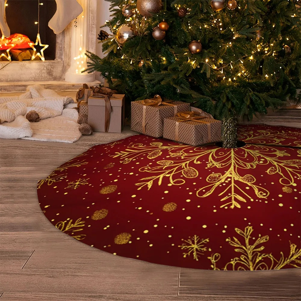 Christmas Tree Skirt Red Golden Snowflake Print for Holiday Home Indoor Party New Year Festive Ornament Decoration Supplies
