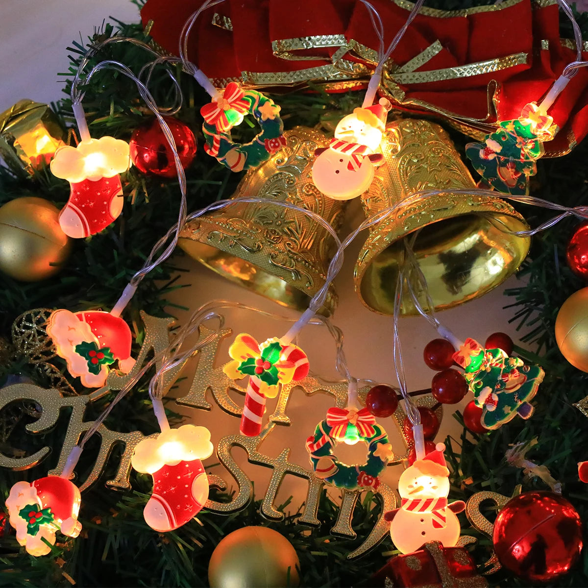 LED Christmas String Lights，with Santa/Snowman/Candy Cane/Christmas Stocking/Snowflake Designs, for Christmas Party/Indoor/Tree